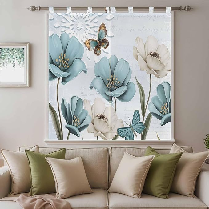 Blue Tulips Bedroom Curtains 72 Inch Length, Window Curtains Tab Top, Watercolor Flowers Butterfly Spring Farmhouse Blue Light Filtering Window Treatments Drapes 52"x72" 2 Panel