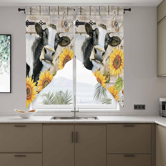 Yellow Sunflowers Swag Valances for Windows, Farmhouse Cow Barn Doors Floral Butterfly Rod Pocket Kitchen Curtains Valance, Kitchen Window Curtains Swag for Cafe Living Room, 2 Panels, 36x45 inch