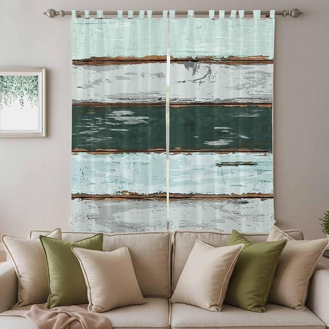 Blue Teal Living Room Curtains 84 Inch Length, Window Curtains Tab Top, Vintage Wooden Retro Art Farmhouse Barns Light Filtering Window Treatments Drapes 52"x84" 2 Panel