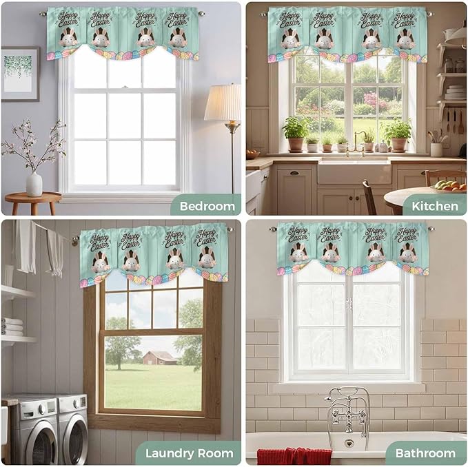 Green Easter Tie Up Valance Curtains for Windows, Kitchen Curtains Window Shades, Spring Cartoon Bunny Colorful Eggs Wood Grain Light Filtering Roman Curtain Valances for Bedroom/Bathroom/Cafe 42"x12"
