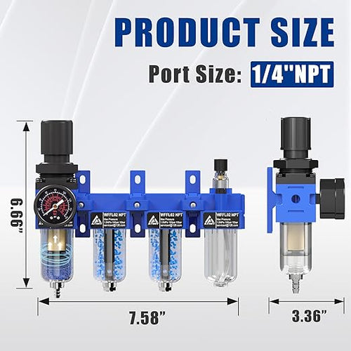 1/4"NPT Air Filter Regulator Lubricator Combo, Air Regulator and Water Separator,Air Compressor Water Separator,5 Micron Brass Filter Cartridge,Double Desiccant Dryers-Blue