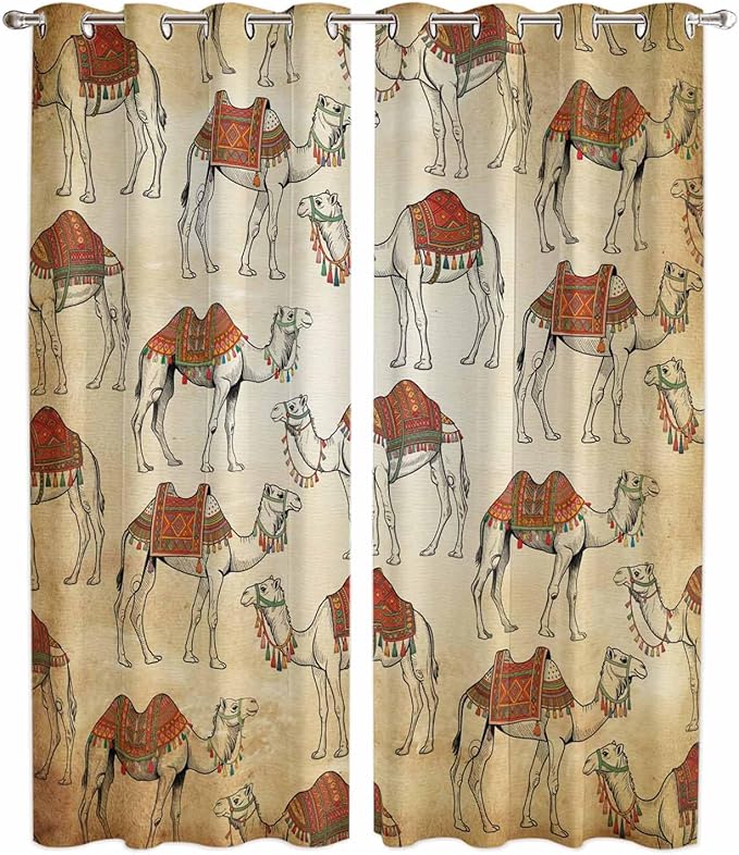 2 Panel Kitchen Cafe Curtains, Desert Sand Camel Sunlight Filtering Nature Air Through, Home Decor Window Covering Tier Curtains for Living Room 104W x 96L inch Summer Tropical Animals Vintage Beige