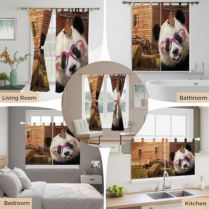 Farm Panda Living Room Curtains 84 Inch Length, Window Curtains Tab Top, Farmhouse Barn Funny Animals Butterfly Light Filtering Window Treatments Drapes 42"x84" 2 Panel
