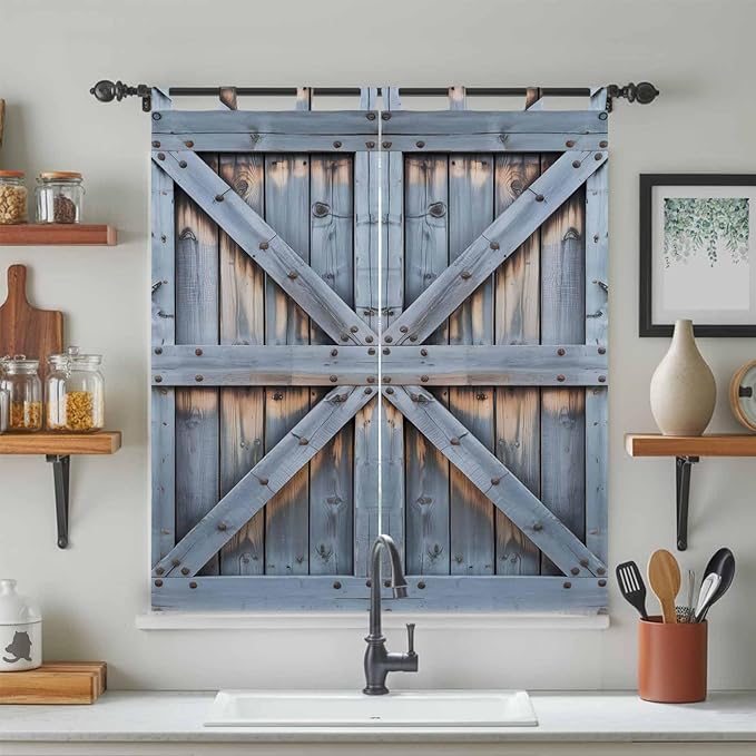 Farmhouse Wood Grain Bathroom Curtains 63 Inch Length, Window Curtains Tab Top, Vintage Country Barn Gate Textured Light Filtering Window Treatments Drapes 52"x63" 2 Panel