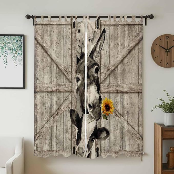 Funny Farm Animals Living Room Curtains 96 Inch Length, Window Curtains Tab Top, Vintage Barn Brown Sunflowers Light Filtering Window Treatments Drapes 52"x96" 2 Panel