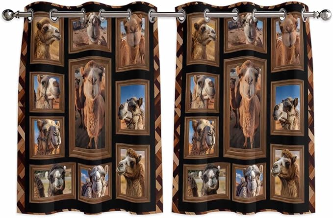2 Panel Kitchen Cafe Curtains, Desert Camels Sunlight Filtering Nature Air Through, Home Decor Window Covering Tier Curtains for Living Room 104W x 52L inch Brown Wildlife Farmhouse Animals Rustic