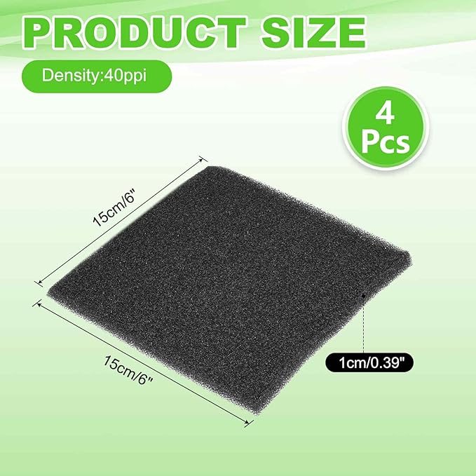 Fan Replacement Filters 4 Pcs Fan Filter Foam Sponge (6" x 6" x 0.39", 40ppi) - Breathable, Soft for Air Compressors Inverter Chassis Vacuum Cleaners