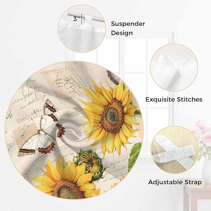 Yellow Sunflowers Bedroom Curtains 63 Inch Length, Window Curtains Tab Top, Country Farm Butterfly Flower Light Beige Light Filtering Window Treatments Drapes 42"x63" 2 Panel