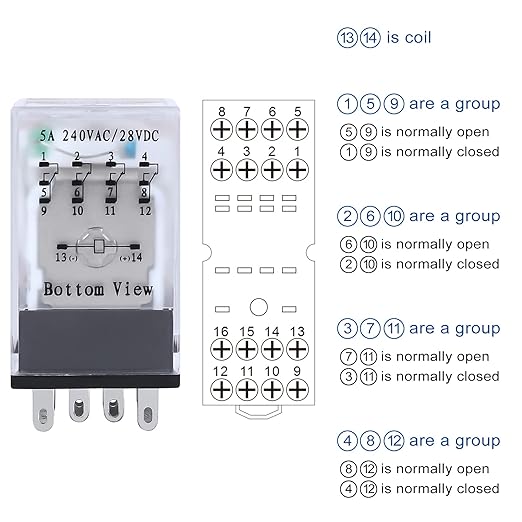 Electromagnetic Power Relay, 14-Pin 5 AMP 12V AC Relay Coil with Socket Base, LED Indicator, 4PDT 4NO 4NC - MY4NJ [Applicable for DIN Rail System]