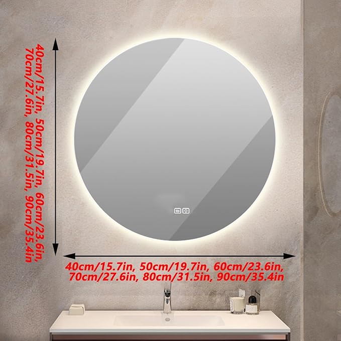 Bathroom Mirror with LED Lights and Touch Sensor, Wall Mounted Mirror with Demister Pad, 3 Colours of Light, Double Touch Button, for Entryway, Bathroom, Vanity(60cm/23.6in)