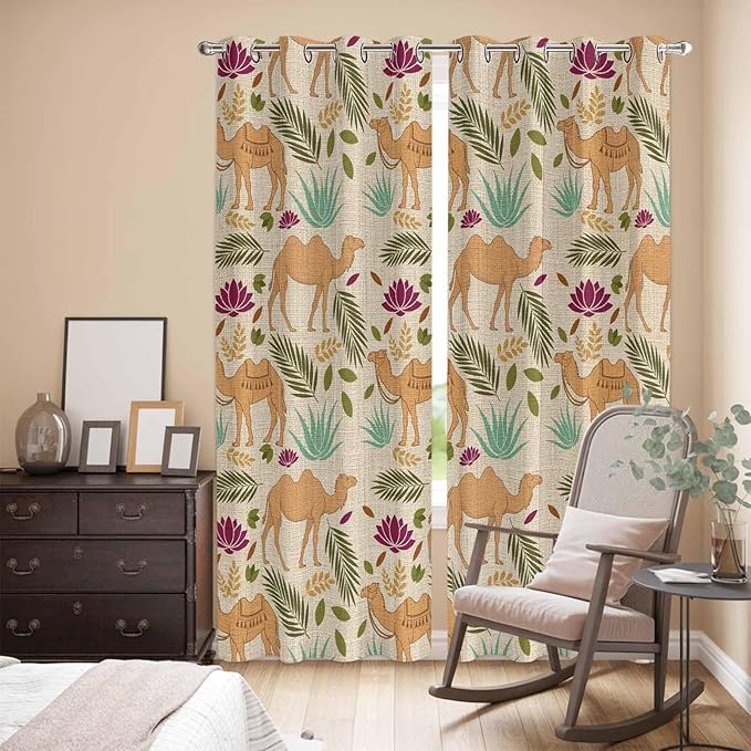 2 Panel Kitchen Cafe Curtains, Desert Camels Sunlight Filtering Nature Air Through, Home Decor Window Covering Tier Curtains for Living Room 80W x 84L inch Vintage Sand Animals Aloe Vera Leaves Beige