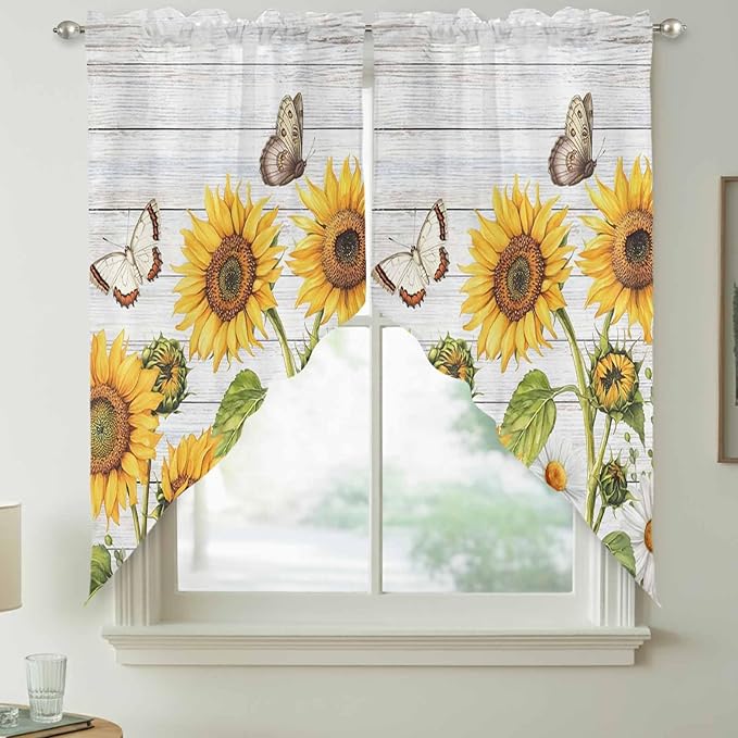 Yellow Sunflowers Swag Valances for Windows, Vintage Country Flowers Butterfly Wood Board Rod Pocket Kitchen Curtains Valance, Small Window Curtains Swag for Cafe Living Room, 2 Panels, 28x36 inch