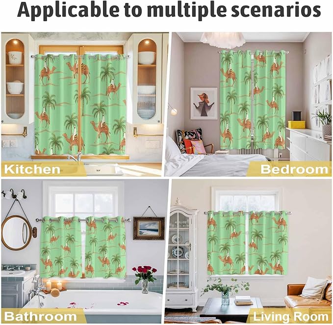 2 Panel Kitchen Cafe Curtains, Desert Camels Sunlight Filtering Nature Air Through, Home Decor Window Covering Tier Curtains for Living Room 104W x 84L inch Tropical Date Palm Trees Animal Green