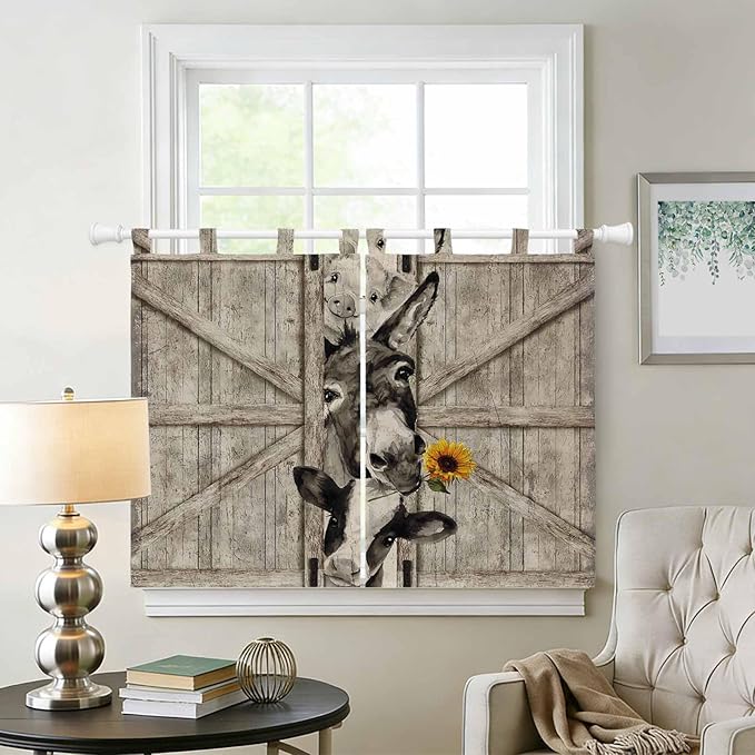 Funny Farm Animals Kitchen Curtains 45 Inch Length, Short Cafe Window Curtains Tab Top, Vintage Barn Brown Sunflowers Light Filtering Window Treatments Tier Drapes 27.5"x45" 2 Panel