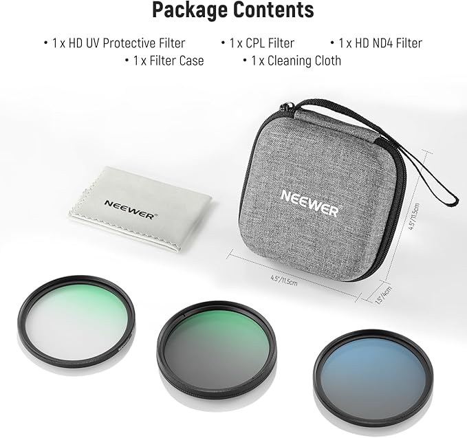 NEEWER 72mm UV/CPL/ND Lens Filter Kit with Hard Shell Storage Case, Multicoated Optical Glass & Aluminum Alloy Frame, UV + Circular Polarizer (CPL) + Neutral Density (ND4) Filter for 72mm Camera Lens