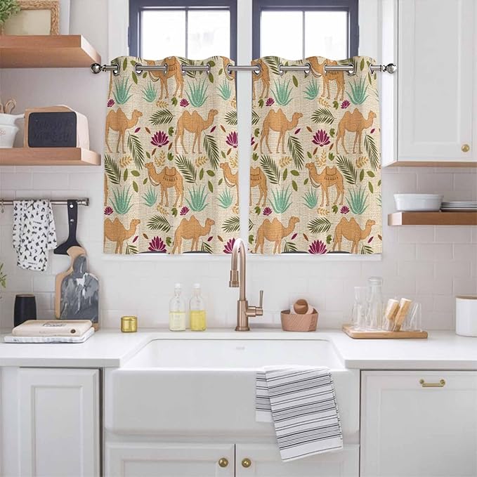 2 Panel Kitchen Cafe Curtains, Desert Camels Sunlight Filtering Nature Air Through, Home Decor Window Covering Tier Curtains for Living Room 104W x 52L inch Vintage Sand Animals Aloe Vera Leaves Beige