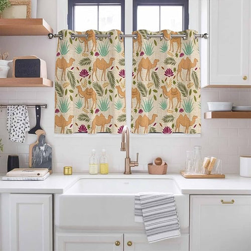 2 Panel Kitchen Cafe Curtains, Desert Camels Sunlight Filtering Nature Air Through, Home Decor Window Covering Tier Curtains for Living Room 104W x 52L inch Vintage Sand Animals Aloe Vera Leaves Beige