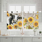 Yellow Sunflowers Kitchen Curtains 24 Inch Length, Small Window Curtains Tab Top, Farmhouse Cow Barn Doors Floral Butterfly Light Filtering Short Window Treatments Tier Drapes 27.5"x24" 2 Panel