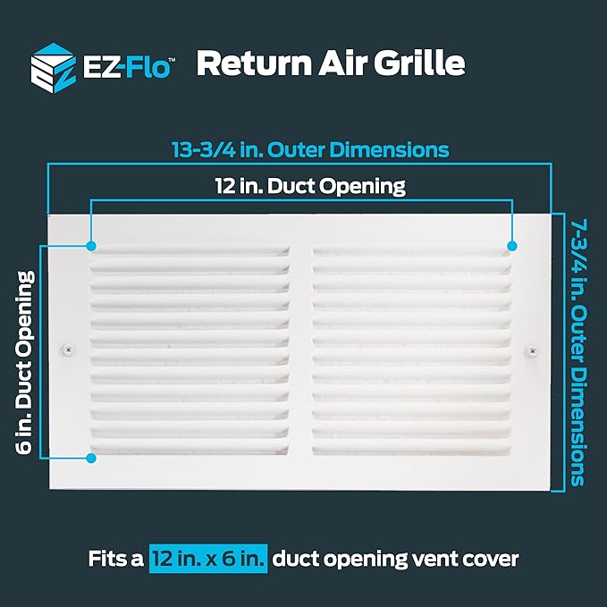 EZ-FLO 12 x 6 Inch (Duct Opening) Return Air Vent Cover for Wall or Ceiling, Solid Steel Return Air Grille, HVAC Vent Cover, White, 61626