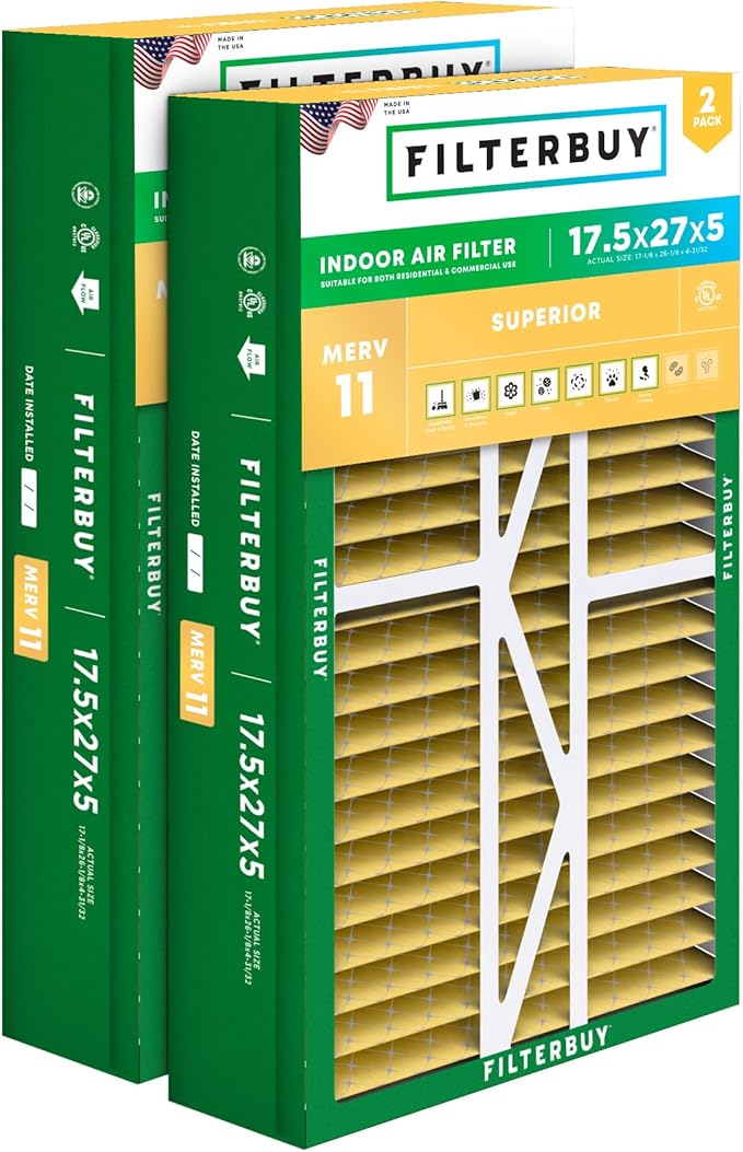 Filterbuy 17.5x27x5 Air Filter MERV 11 Superior Pet & Allergy Defense (2-Pack), Pleated HVAC AC Furnace Filters for Trane Perfect Fit & American Standard (Actual Size: 17.13 x 26.13 x 4.97)