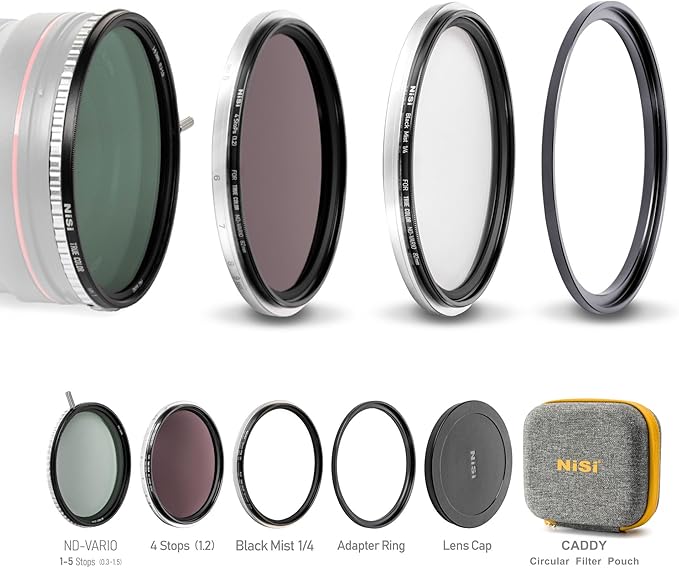 NiSi - 82mm Swift System VND Mist Kit, 1-5 Stop True Color Variable Neutral Density Filter, Swift Adapter Ring, Two Friction-Mounted Filters (ND16 4-Stop, Black Mist 1/4), Photography and Videography
