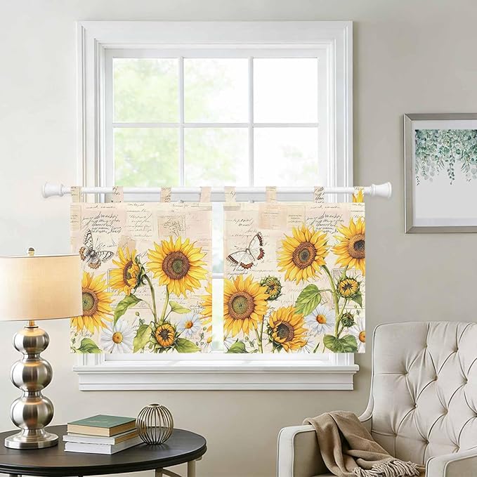 Yellow Sunflowers Kitchen Curtains 36 Inch Length, Small Window Curtains Tab Top, Country Farm Butterfly Flower Light Beige Light Filtering Short Window Treatments Tier Drapes 27.5"x36" 2 Panel