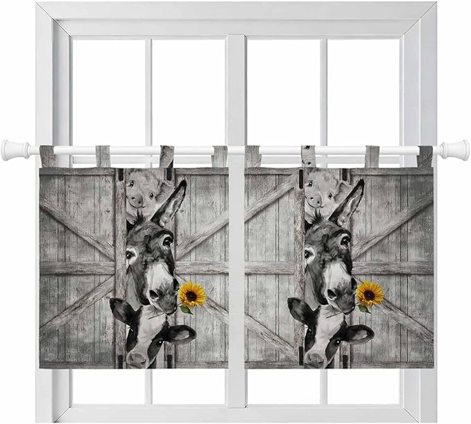 Funny Farm Animals Kitchen Curtains 24 Inch Length, Small Window Curtains Tab Top, Vintage Barn Grey Sunflowers Light Filtering Short Window Treatments Tier Drapes 27.5"x24" 2 Panel
