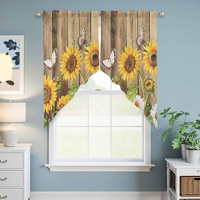 Farmhouse Sunflowers Swag Valances for Windows, Rustic Floral Buttterfly Wood Board Brown Rod Pocket Kitchen Curtains Valance, Small Window Curtains Swag for Cafe Living Room, 2 Panels, 36x36 inch