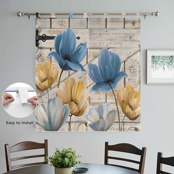 Blue Yellow Tulips Bathroom Curtains 63 Inch Length, Window Curtains Tab Top, Retro Farmhouse Flower Barn Doors Wooden Light Filtering Window Treatments Drapes 52"x63" 2 Panel