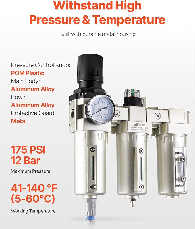 VEVOR Air Compressor Filter Regulator, 1/2" NPT 3-Stage 5μm & 0.3μm & 0.1μm Air Drying System with Micron Filters and Desiccant Dryer, Auto Drain Air Compressor Water Separator 175PSI Max Pressure