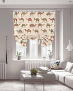 Tie Up Curtains for Windows, Summer Camels Adjustable Balloon Nature Linen Textured Kitchen Curtain, Farmhouse Retro Cartoon Desert Animals Tie Up Light Filtering Curtains for Decor, 34 x 45 In