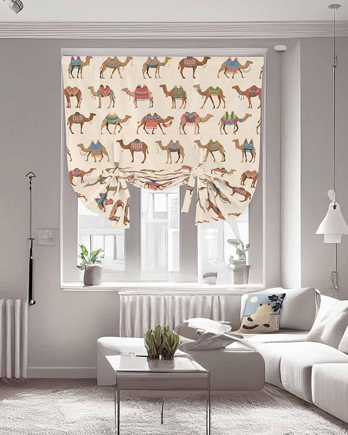 Tie Up Curtains for Windows, Summer Camels Adjustable Balloon Nature Linen Textured Kitchen Curtain, Farmhouse Retro Cartoon Desert Animals Thermal Insulated Curtains for Window, 42" x 54"