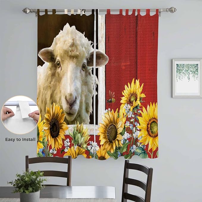 Sheep Flowers Living Room Curtains 96 Inch Length, Window Curtains Tab Top, Country Red Barn Botanical Sunflowers Light Filtering Window Treatments Drapes 52"x96" 2 Panel