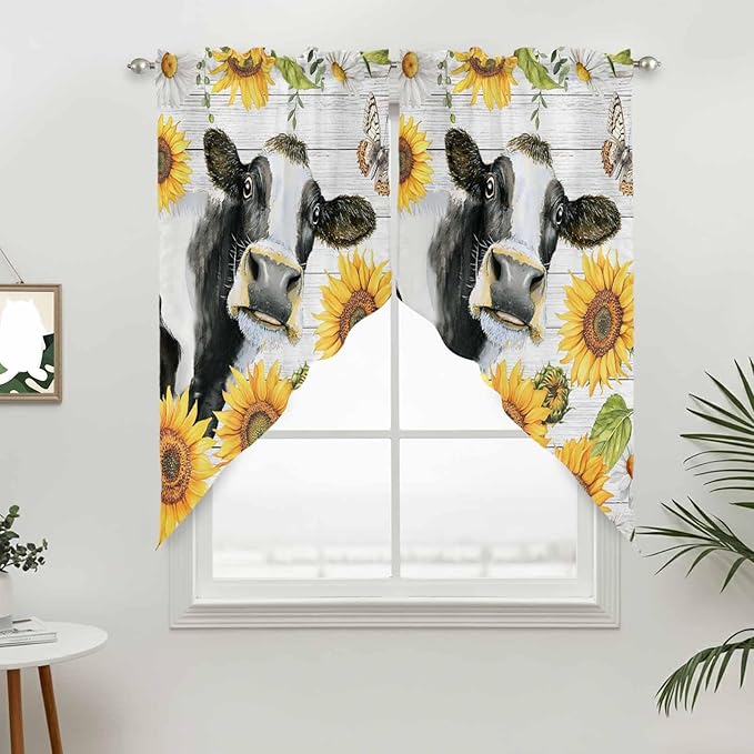 Retro Farmhouse Floral Swag Valances for Windows, Yellow Sunflowers Cows Butterfly Wood Rod Pocket Kitchen Curtains Valance, Kitchen Window Curtains Swag for Cafe Living Room, 2 Panels, 36x63 inch