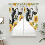 Retro Farmhouse Floral Swag Valances for Windows, Yellow Sunflowers Cows Butterfly Wood Rod Pocket Kitchen Curtains Valance, Kitchen Window Curtains Swag for Cafe Living Room, 2 Panels, 36x63 inch