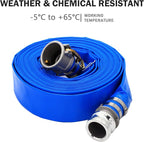 DAVCO 1.5" ID × 100 ft Pool Backwash Hose, Heavy Duty Reinforced Blue PVC Lay Flat Water Discharge Pump Hoses For Swimming Drain Pools and Clean Filters, with Aluminum Camlock C and E Fittings