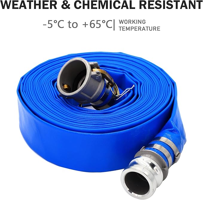 DAVCO 2" ID × 50 ft Pool Backwash Hose, Heavy Duty Reinforced Blue PVC Lay Flat Water Discharge Pump Hoses For Swimming Drain Pools and Clean Filters, with Aluminum Camlock C and E Fittings