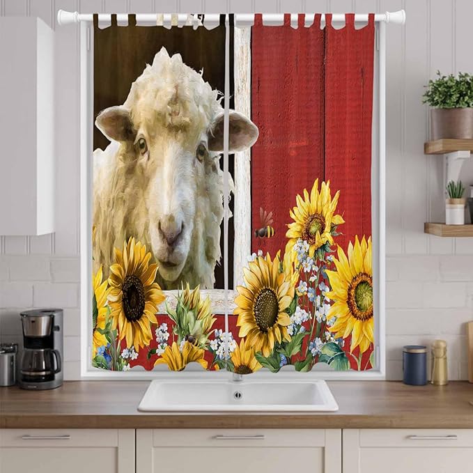Sheep Flowers Living Room Curtains 96 Inch Length, Window Curtains Tab Top, Country Red Barn Botanical Sunflowers Light Filtering Window Treatments Drapes 52"x96" 2 Panel