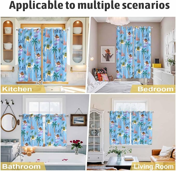 2 Panel Kitchen Cafe Curtains, Desert Landscape Sunlight Filtering Nature Air Through, Home Decor Window Covering Tier Curtains for Living Room 55W x 39L inch Cute Camels Palm Trees Houses Leaves Blue
