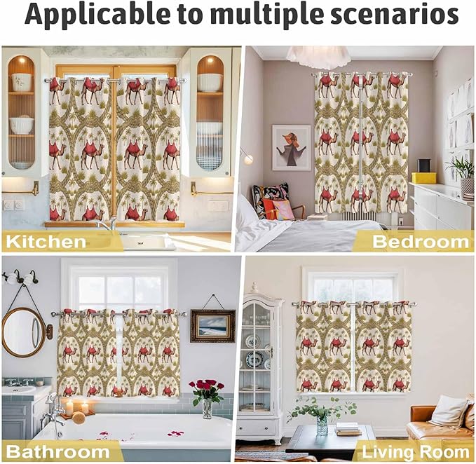 2 Panel Kitchen Cafe Curtains, Camels Palm Trees Sunlight Filtering Nature Air Through, Window Decor Tier Curtains for Living Room 104W x 90L inch Desert Date Coconut Trees Leaves Cords Beige