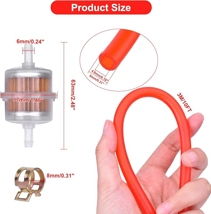 3/16 Fuel Line red 10 FT + 2Pcs Fuel Filter + 10Pcs Clamp for Honda Predator Mini Bike ATV Mowing Machine Snow Machine Small Engines GX160 GX120 GX100 GX200 GX390