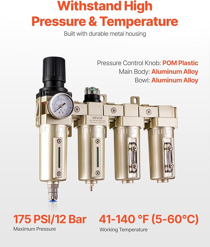 VEVOR Air Compressor Filter Regulator, 3/4" NPT 4-Stage 5μm & 0.3μm & 0.1μm & 0.1μm Air Drying System with Micron Filters & Double Desiccant Dryer, Auto Drain Air Compressor Water Separator 175PSI Max