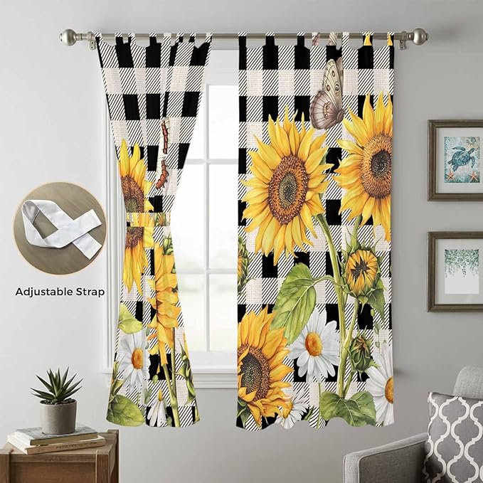 Sunflowers Living Room Curtains 84 Inch Length, Window Curtains Tab Top, Yellow Flowers Butterfly Farmhouse Black Plaid Light Filtering Window Treatments Drapes 52"x84" 2 Panel