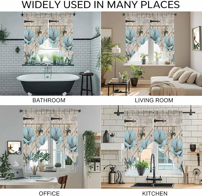 Teal Blue Tulips Swag Valances for Windows, Spring Floral Barn Doors Vintage Wood Beige Rod Pocket Kitchen Curtains Valance, Small Window Curtains Swag for Cafe Living Room, 2 Panels, 36x36 inch