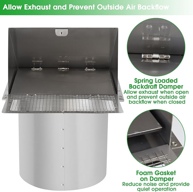 6 Inch Hooded Wall Vent with Screen and Damper,6 Inch Exhaust Vent Cover Cap for Outdoor Kitchen Range Hood Dryer Ventilation,Outside Wall Mount Extractor for House Air Exhaust, Stainless Steel
