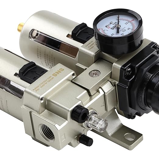 SNS 1/2" NPT Compressed Air Filter Regulator Lubricator Two Units Combo FRL Water/Oil Trap Separator, Semi-auto Drain, 5 Micron Brass Filter, Gauge and Bracket, Poly Bowl with Metal Guard AC4010-N04A