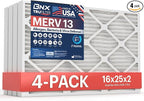 BNX TruFilter 16x25x2 Air Filter MERV 13 (4-Pack) - MADE IN USA - Electrostatic Pleated Air Conditioner HVAC AC Furnace Filters for Allergies, Pollen, Mold, Bacteria, Smoke, Allergen, MPR 1900 FPR 10