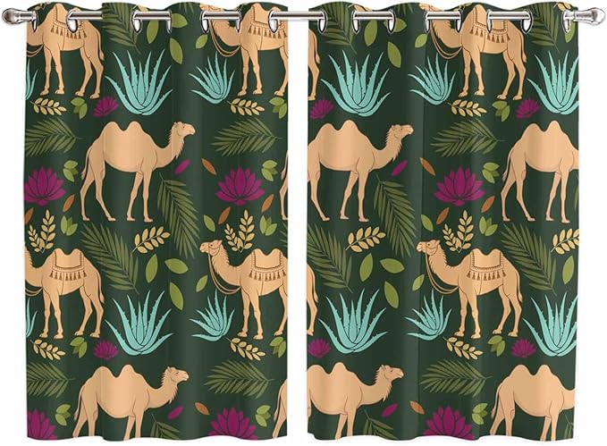 2 Panel Kitchen Cafe Curtains, Retro Desert Camel Sunlight Filtering Nature Air Through, Window Decor Tier Curtains for Living Room 104W x 63L inch Tropical Animal Aloe Vera Leaves Dark Green