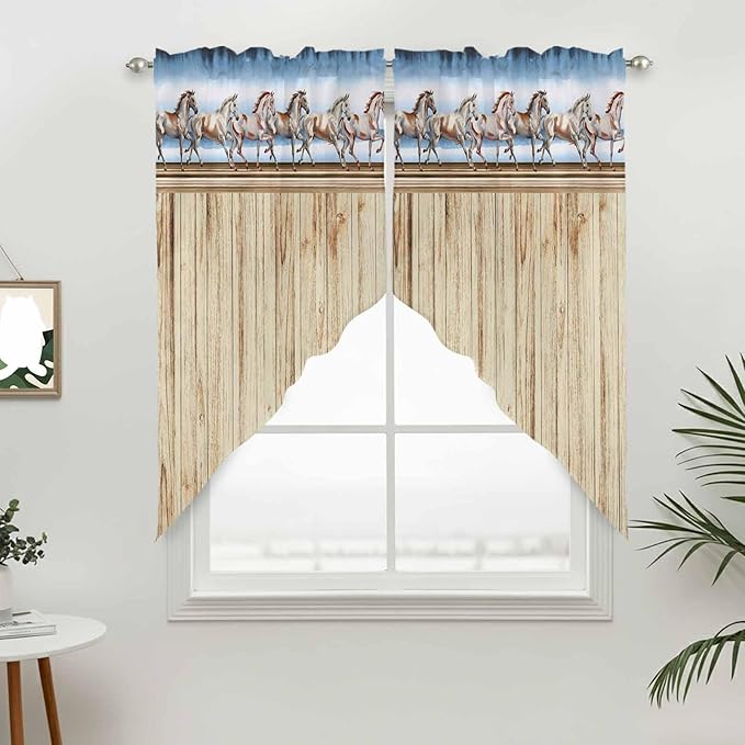Western Horse Swag Valances for Windows, Farmhouse Wooden Grain Vintage Cowboy Barn Door Rod Pocket Kitchen Curtains Valance, Small Window Curtains Swag for Cafe Living Room, 2 Panels, 28x36 inch