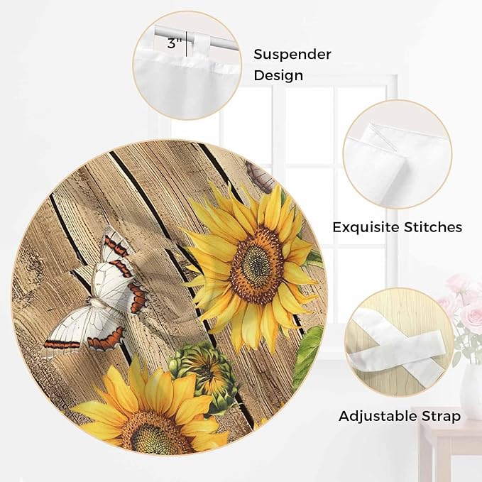 Farmhouse Sunflowers Bedroom Curtains 63 Inch Length, Window Curtains Tab Top, Rustic Floral Buttterfly Wood Board Brown Light Filtering Window Treatments Drapes 42"x63" 2 Panel